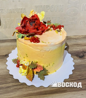 Торт Праздничный № 538, декор цветы, осенние листья