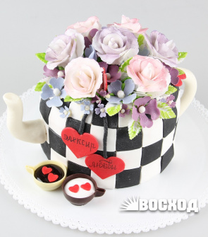 Торт № 1014  "Праздничный" в обтяжке из сахарной пасты вес на фото 2,2 кг, цветы, сердце
