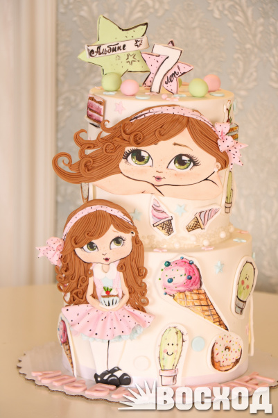 Торт № 996 Праздничный в марципановой обтяжке для девочки