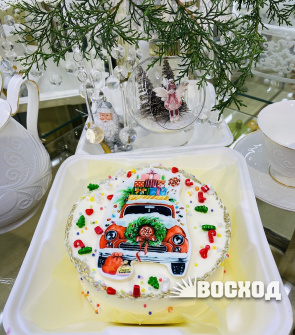 Бенто-торт № 320 в новогоднем оформлении (белый бисквит), время приготовления с 25.12.22 по 31.12.22